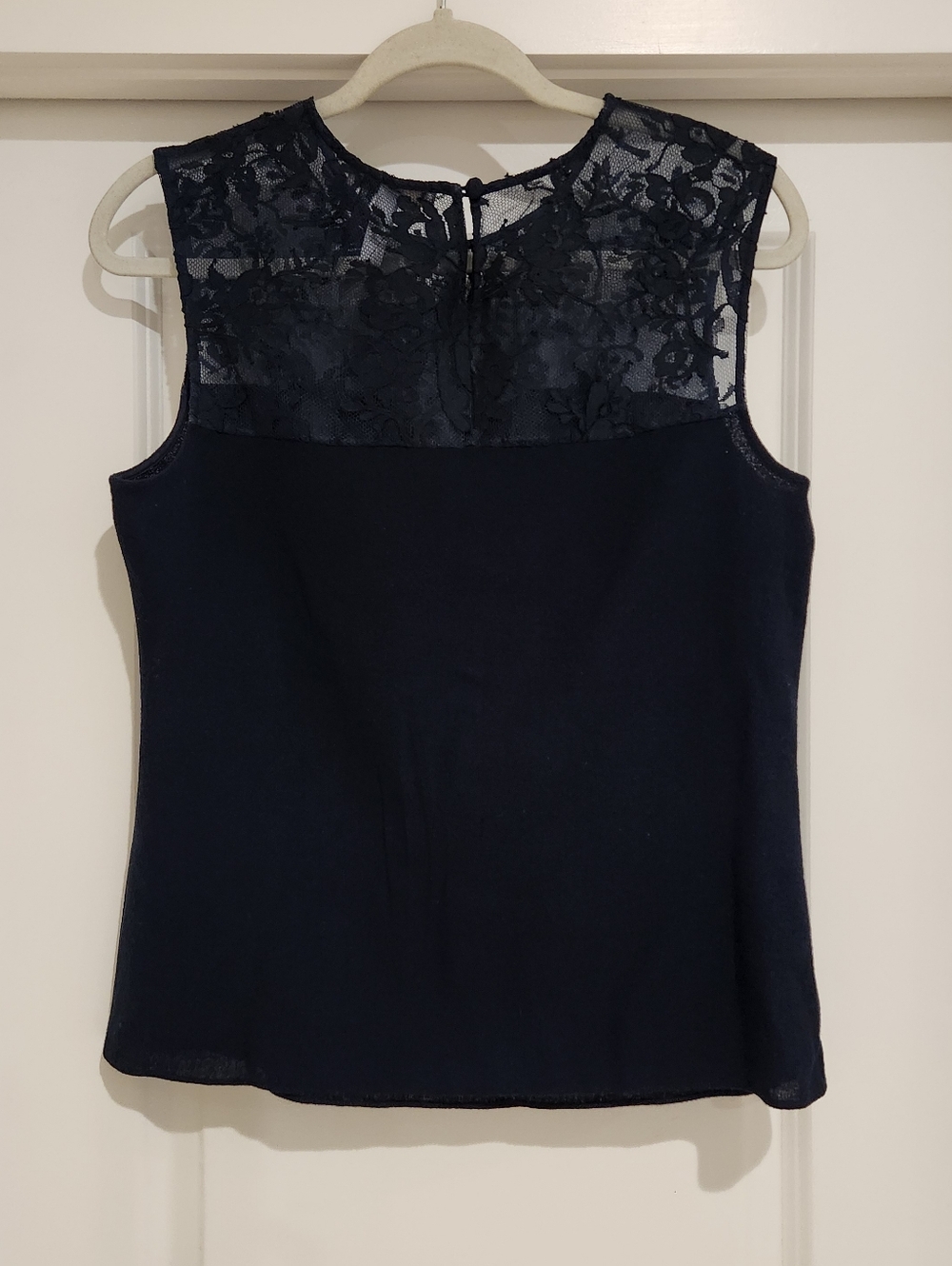 ERDEM Dark Navy Lace Yoke Sleeveless Wool  And Cotton Camisole